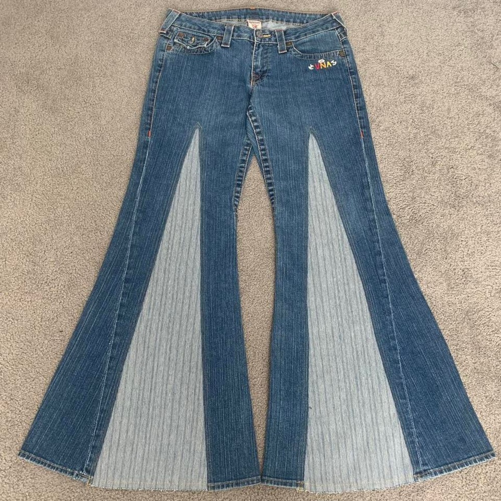 Custom Reworked True Religion Embroidered Flare Blue Jeans